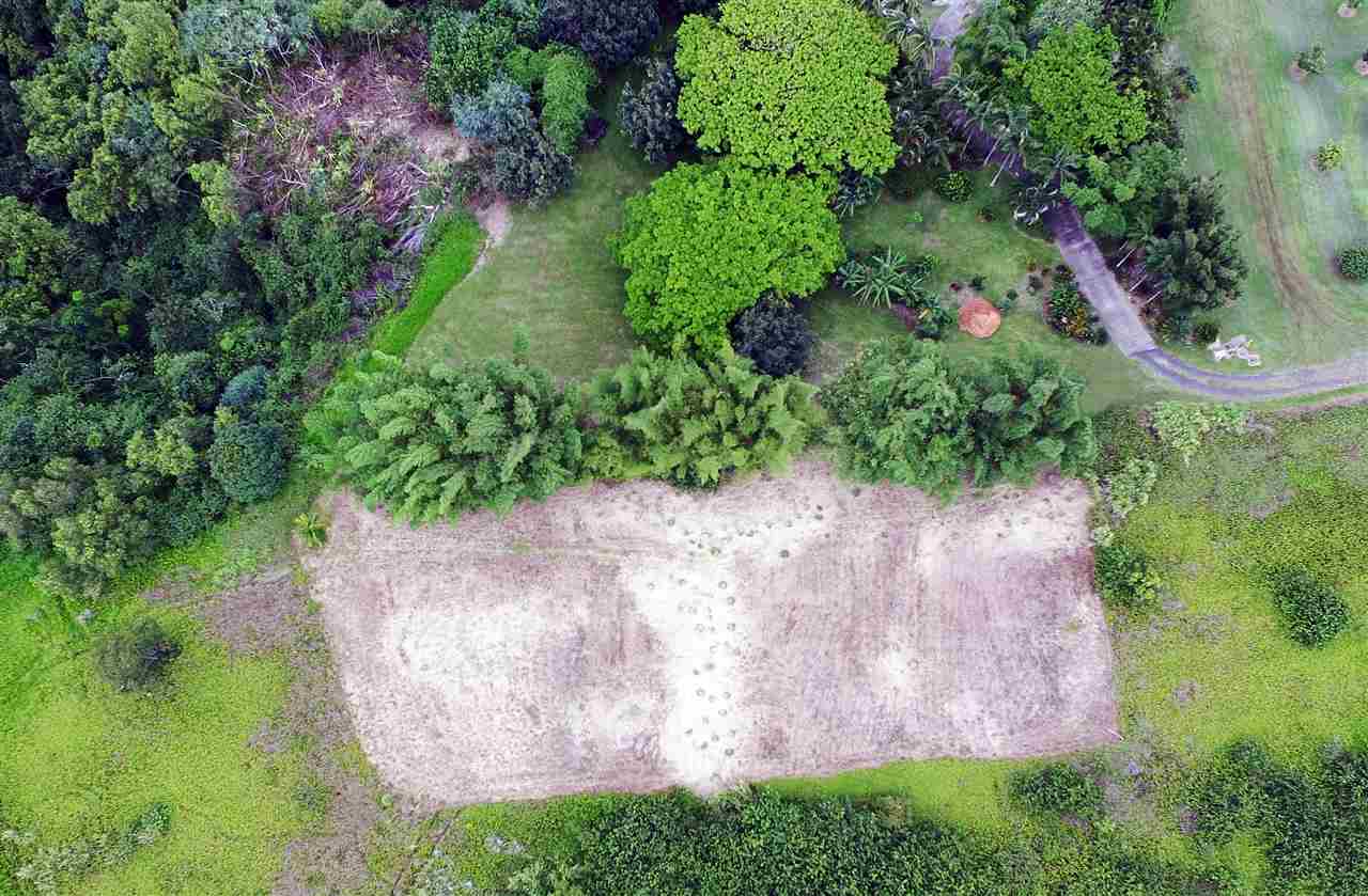an aerial view of residential house with outdoor space and trees all around