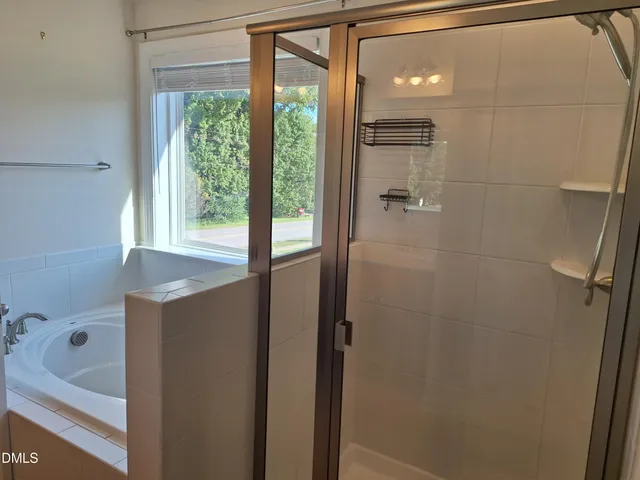a bathroom with a bathtub and a shower