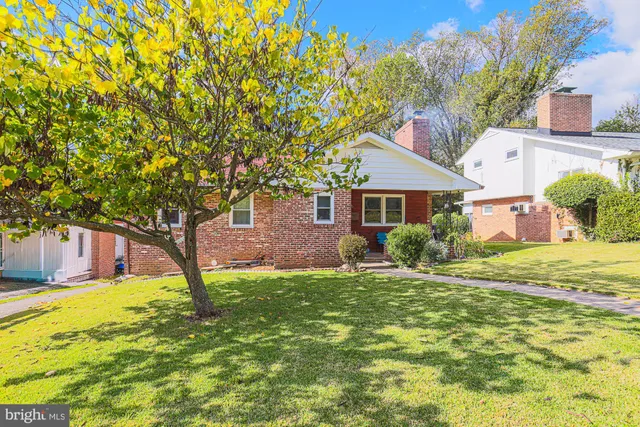 a front view of a house with a yard and trees