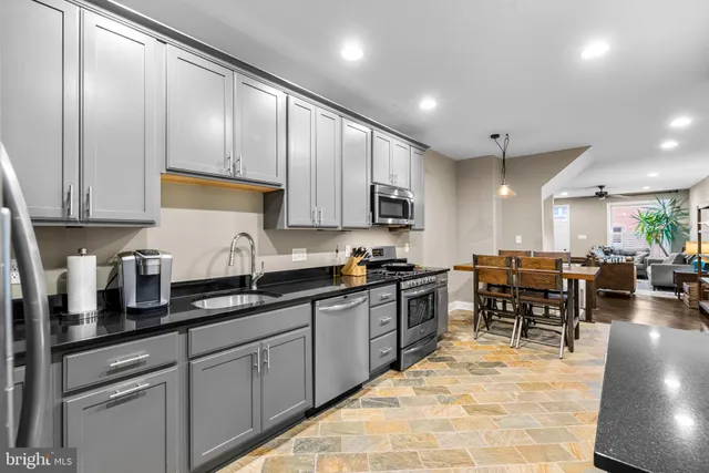 a kitchen with stainless steel appliances granite countertop counter space a sink and cabinets