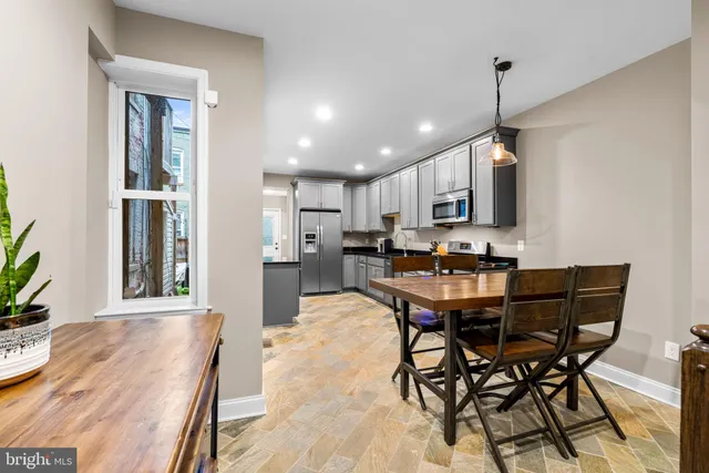 a view of a dining room with furniture