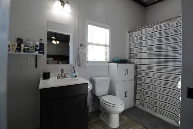 a bathroom with a toilet a sink and mirror