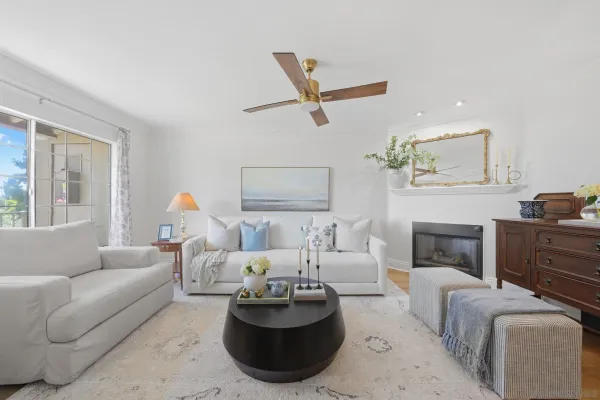 a living room with furniture and a fireplace