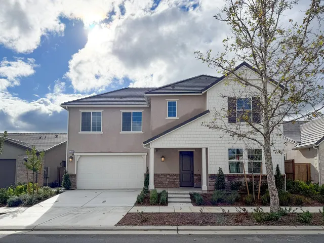 a front view of a house with garage and plants