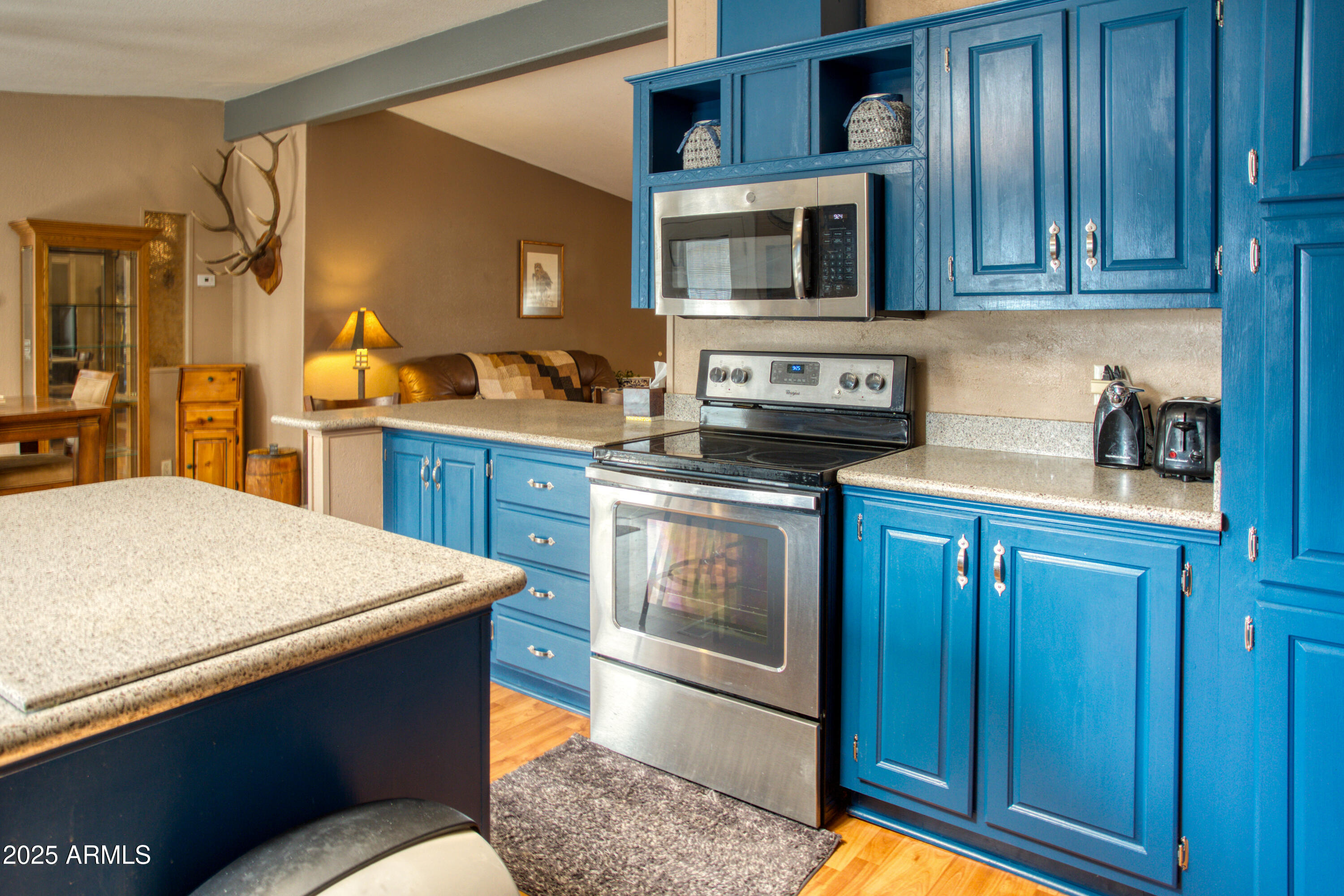 125 County Rd N3077 Show Low, AZ 85901 - Photo 12 of 71 a kitchen with stainless steel appliances a stove a microwave and white cabinets
