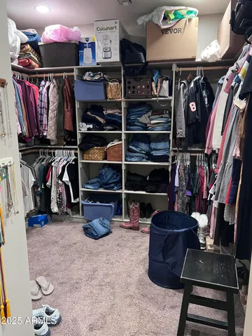 a view of walk in closet with clothes and shoes