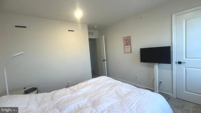 a bedroom with a bed and a flat screen tv