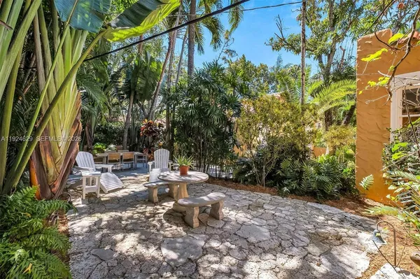 a view of backyard with swimming pool and sitting area