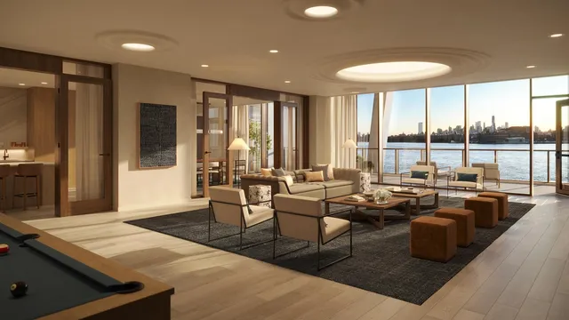 a living room with couches a dining table and chairs with outer view