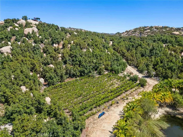 an aerial view of residential houses with outdoor space and trees