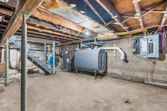 a view of a garage with wooden floor