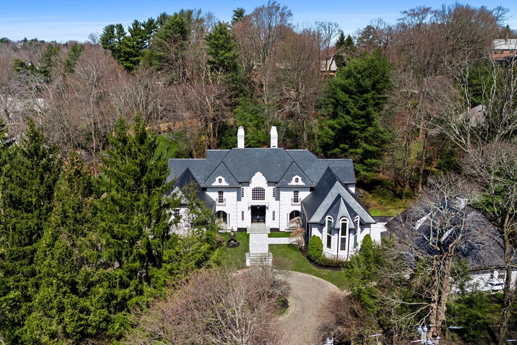 an aerial view of a house with a big yard and large tree
