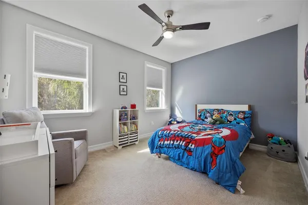 an aerial view of a house with a yard and large trees