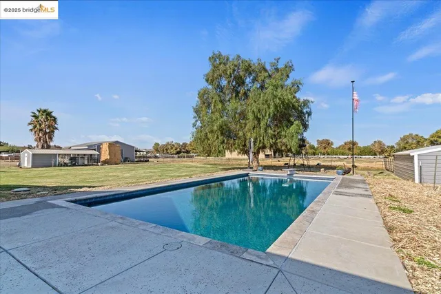 a view of swimming pool that has lawn chairs with plants