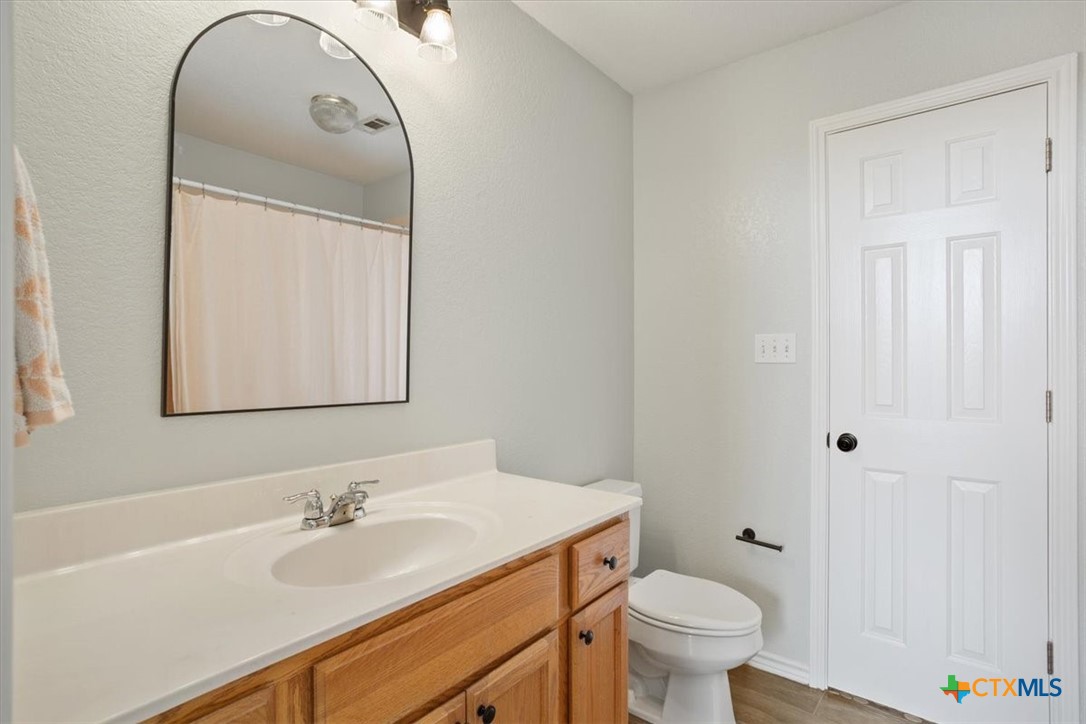 8600 Five Wells Road Rogers, TX 76569 - Photo 43 of 47 a bathroom with a granite countertop sink toilet and a mirror