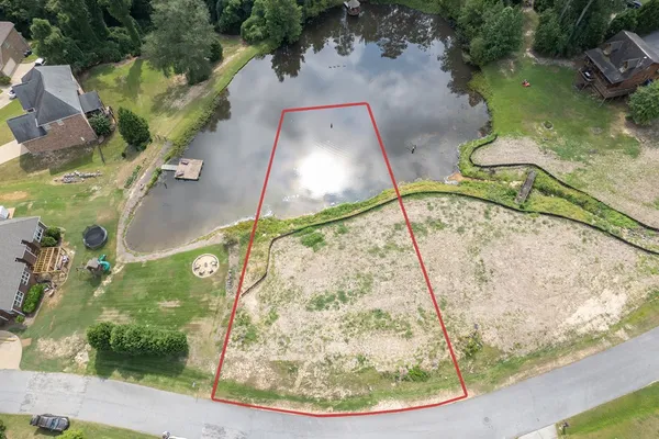 an aerial view of a swimming pool