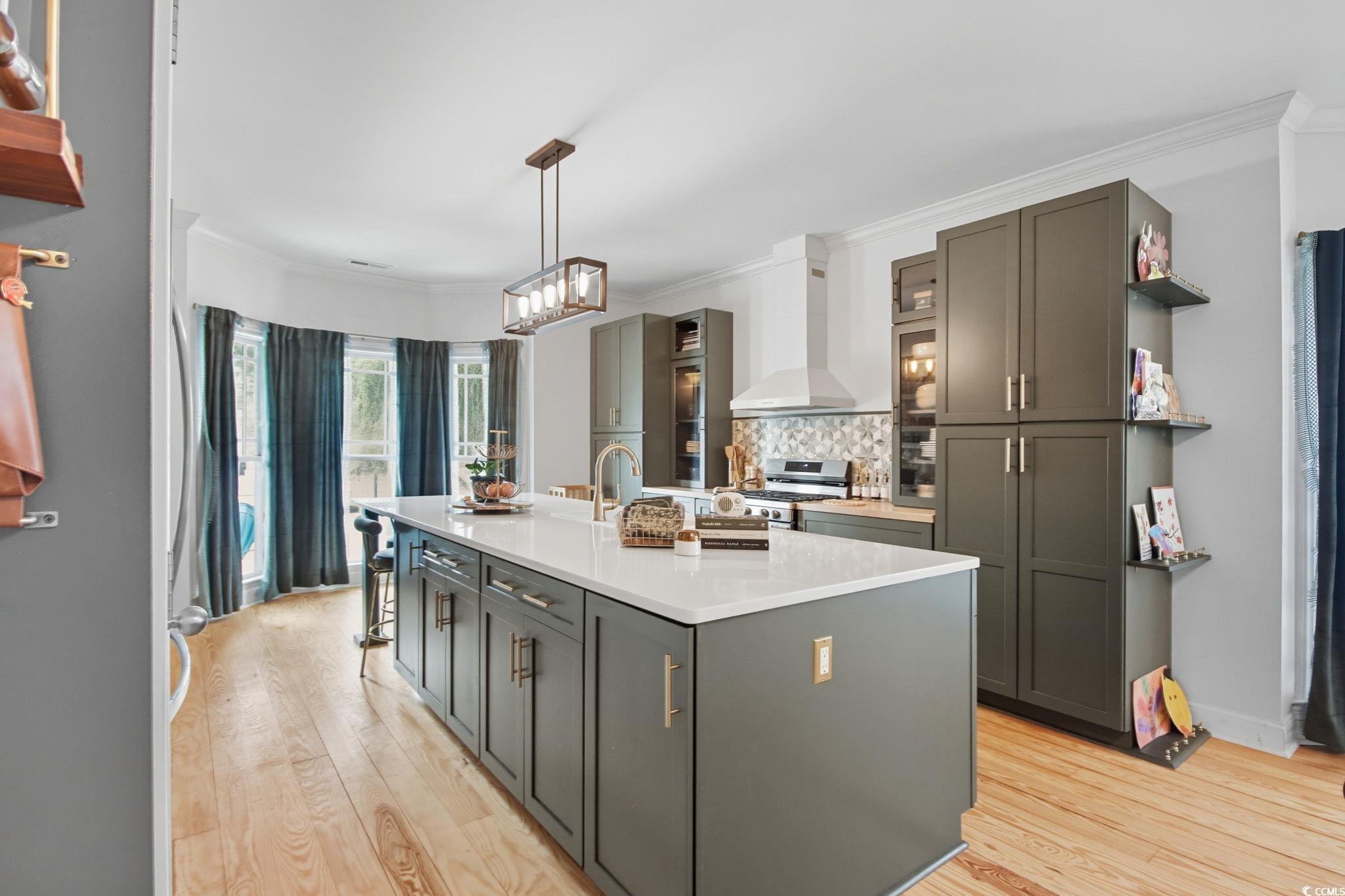 21 Craftsman Lane Georgetown, SC 29440 - Photo 14 of 39 Kitchen with open shelves, a center island with sink, crown molding, light wood-style flooring, and pendant lighting
