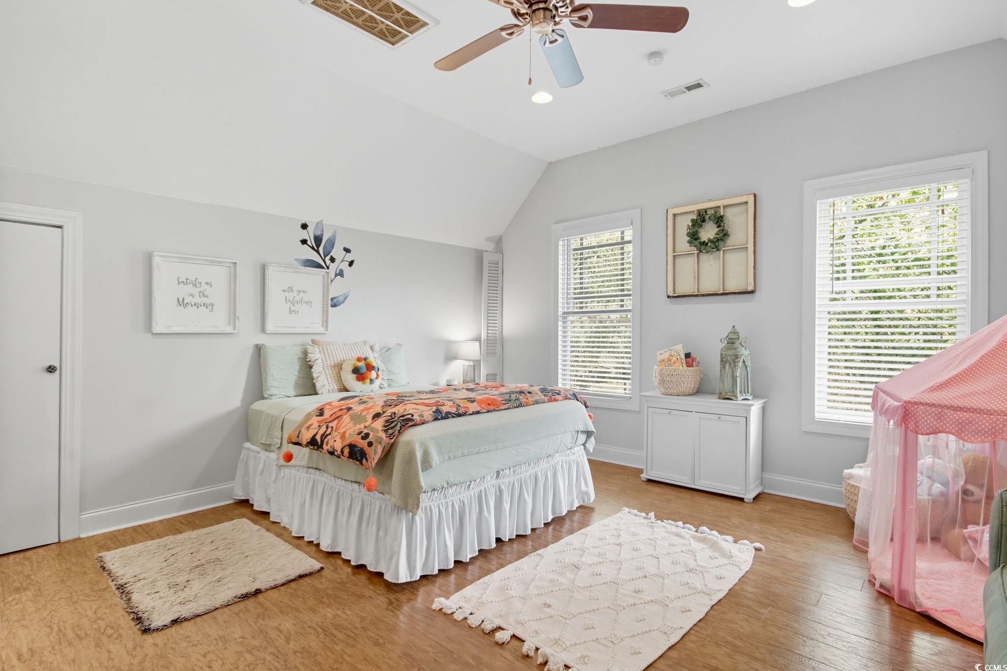 21 Craftsman Lane Georgetown, SC 29440 - Photo 32 of 39 Bedroom featuring wood finished floors, recessed lighting, lofted ceiling, and a ceiling fan