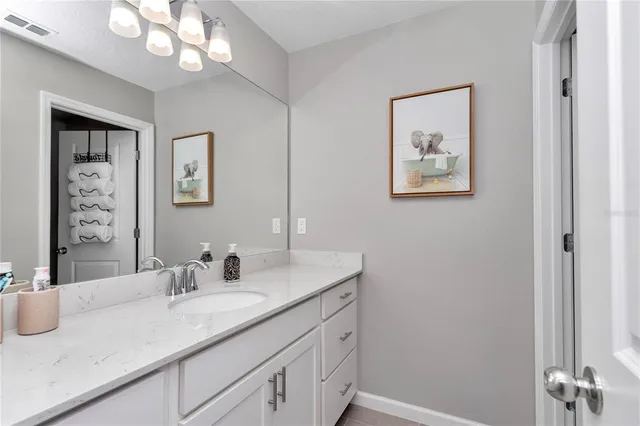a bathroom with a sink a vanity and a mirror
