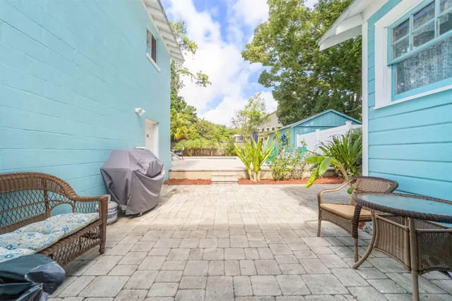 an aerial view of a city and lake view