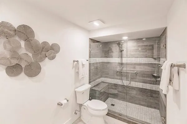 a bathroom with a toilet and a shower