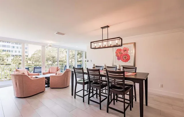 a view of a dining room with furniture window and outside view