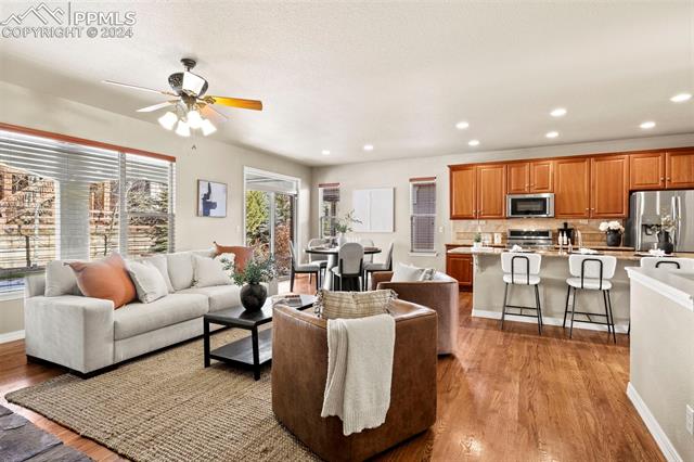 2464 Cinnabar Road Colorado Springs, CO 80921 - Photo 14 of 43 Living room with ceiling fan and light hardwood / wood-style flooring