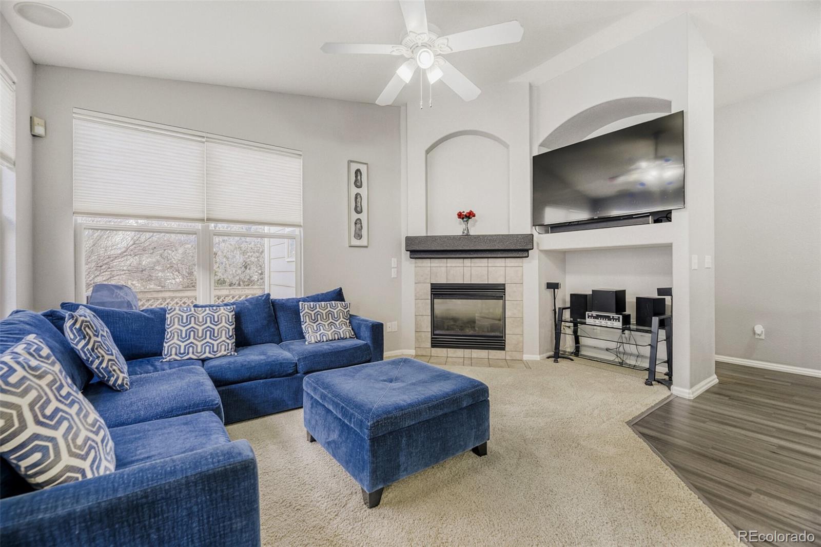 7085 Leopard Gate Lone Tree, CO 80124 - Photo 9 of 26 a living room with furniture a flat screen tv and a fireplace