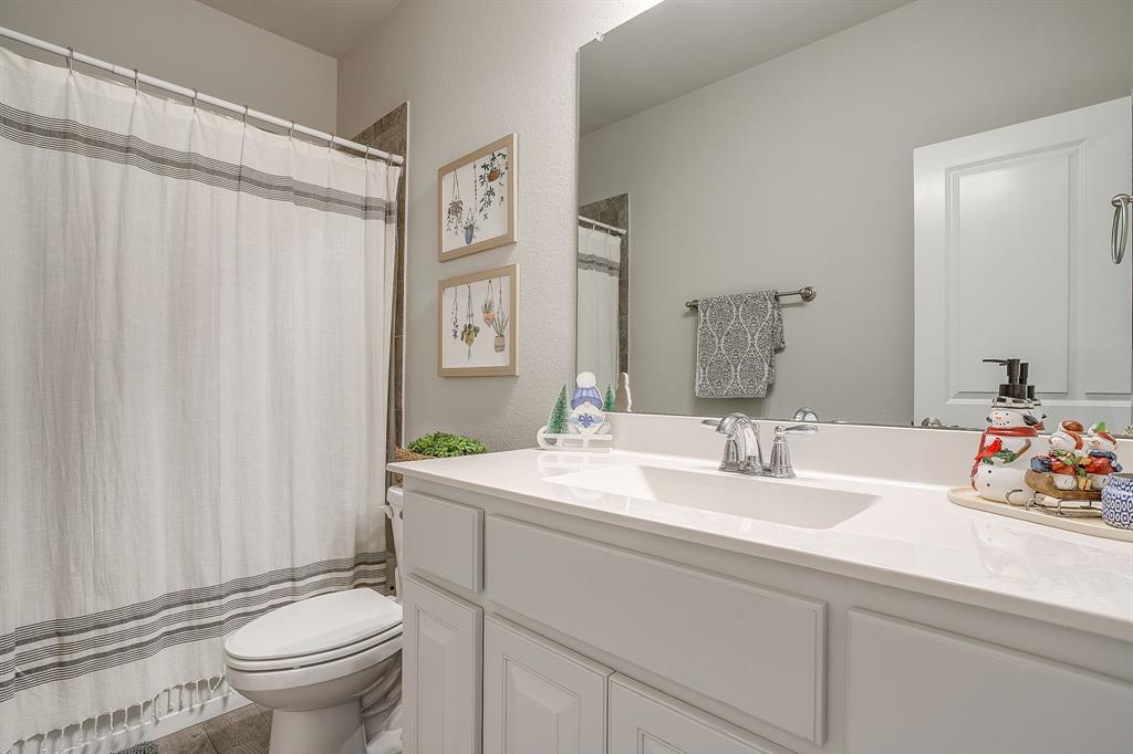 5821 Rendyn Court Midlothian, TX 76065 - Photo 26 of 30 a bathroom with a sink a toilet and shower curtain