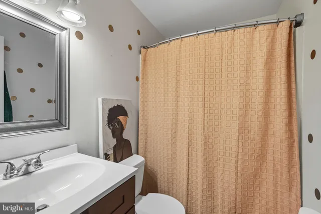 a bathroom with a sink mirror and a toilet