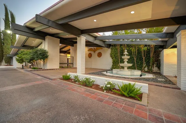 a view of a park with large trees
