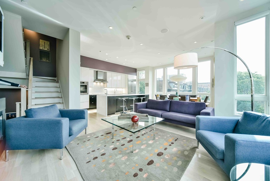 0 Worcester Square, Unit PH2 Boston, MA 02118 - Photo 6 of 18 a living room with fireplace furniture and a large window