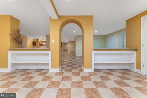 a view of a bathroom with a checkered floor