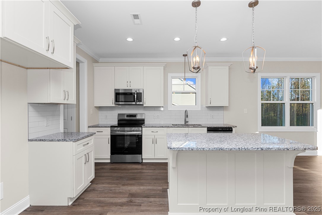 162 Surles Landing Way Benson, NC 27504 - Photo 10 of 28 a large kitchen with granite countertop a stove top oven a sink a counter space and cabinets