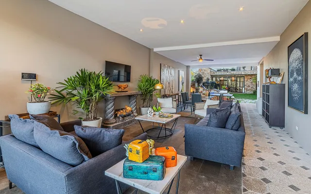 a living room with furniture potted plant and kitchen view