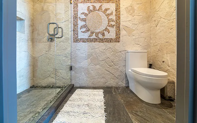 a bathroom with a toilet and a shower