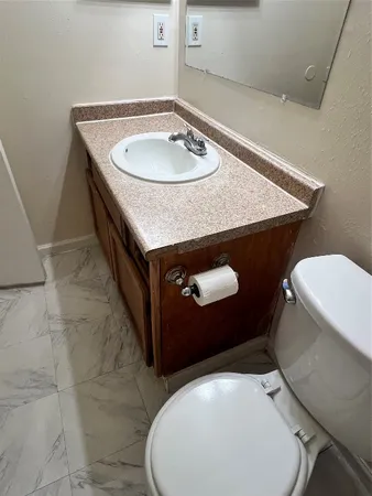 a bathroom with a sink toilet and a mirror