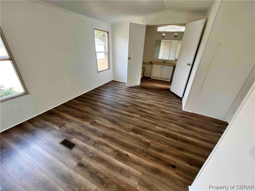 1295 Kates Neck Road Locust Hill, VA 23092 - Photo 19 of 24 Empty room with dark hardwood / wood-style floors, a wealth of natural light, lofted ceiling, and sink