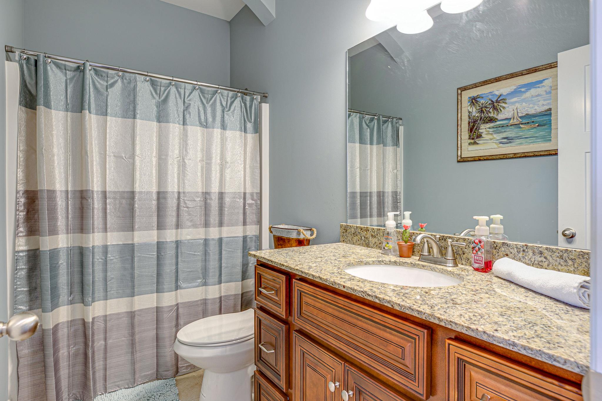 3269 Midland Road Bell Buckle, TN 37020 - Photo 24 of 30 a bathroom with a granite countertop sink a toilet a mirror and shower curtain