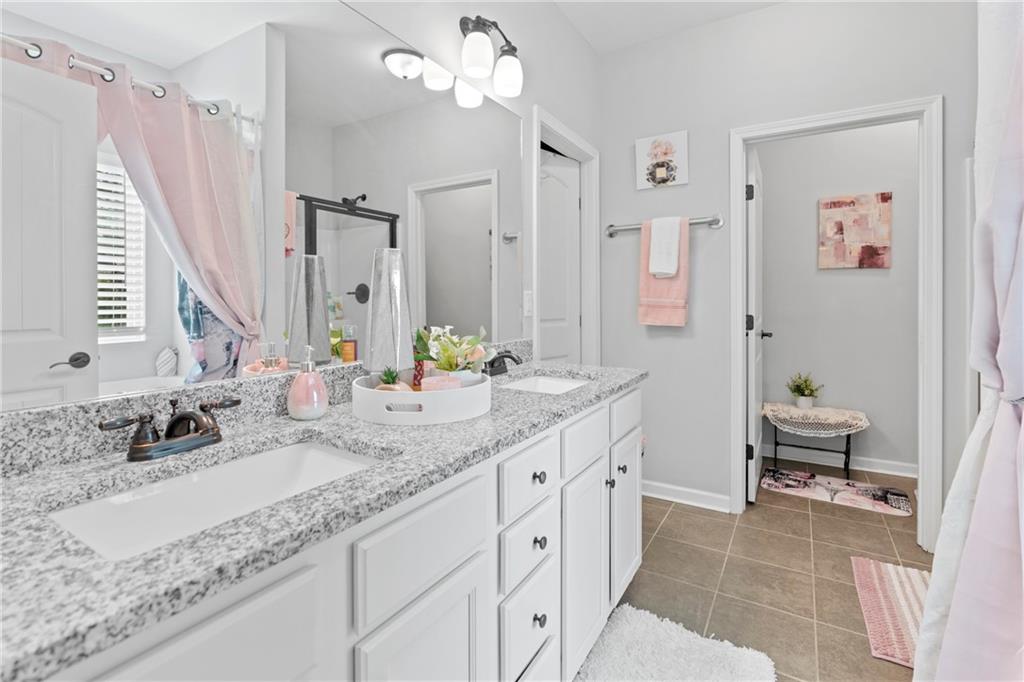 420 Andrew Ridge Drive Jefferson, GA 30549 - Photo 10 of 26 a bathroom with a granite countertop sink a toilet and a mirror