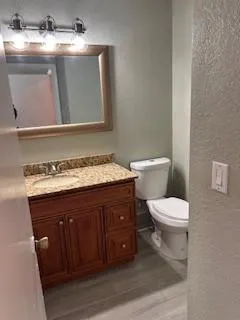a bathroom with a granite countertop toilet sink and mirror