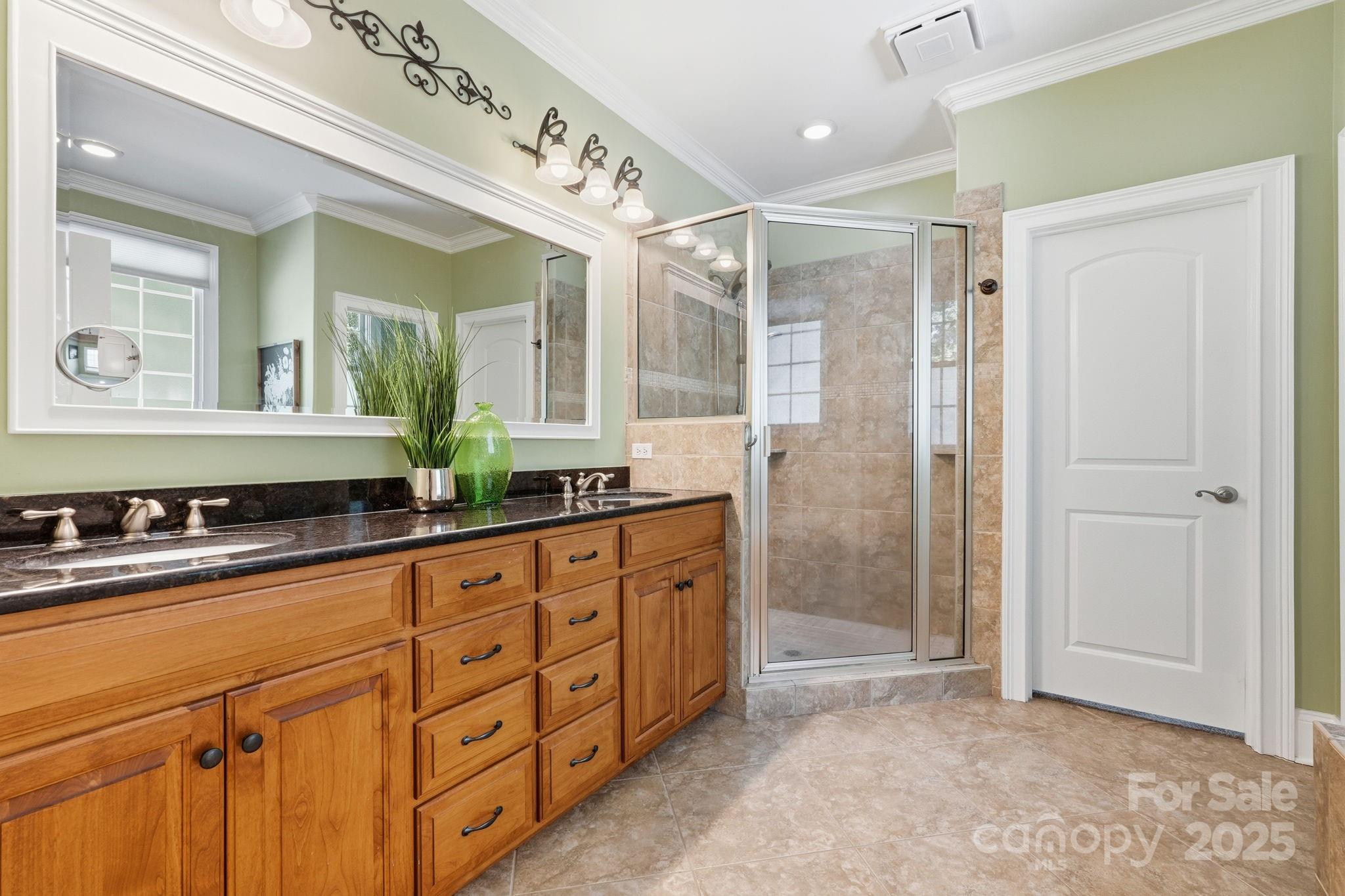 405 St Andrews Road Statesville, NC 28625 - Photo 12 of 37 a spacious bathroom with a double vanity sink a large mirror a shower and a bathtub