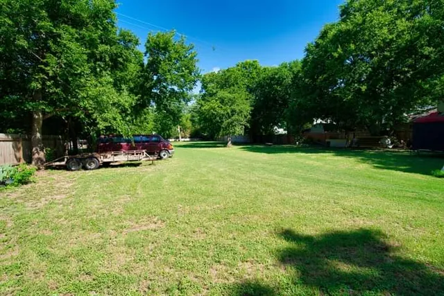 a view of a park with large trees