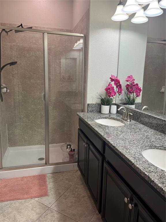 17361 Old Tobacco Road Lutz, FL 33558 - Photo 19 of 27 a bathroom with a granite countertop sink a shower and a mirror