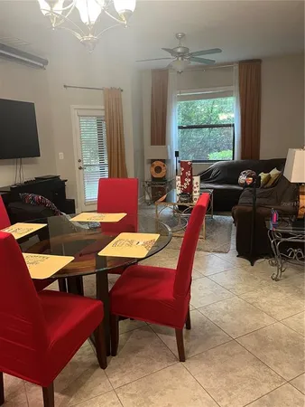 a view of a dining room with furniture