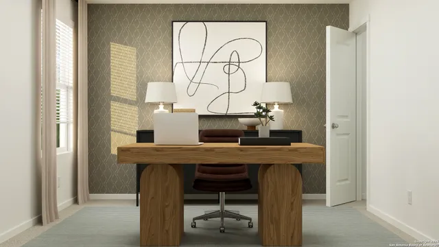 a living room with furniture and large windows