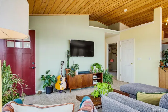 a living room with furniture potted plant and wooden floor