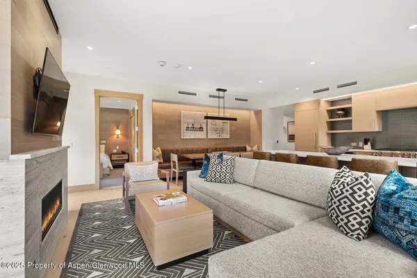 a view of a dining room with furniture