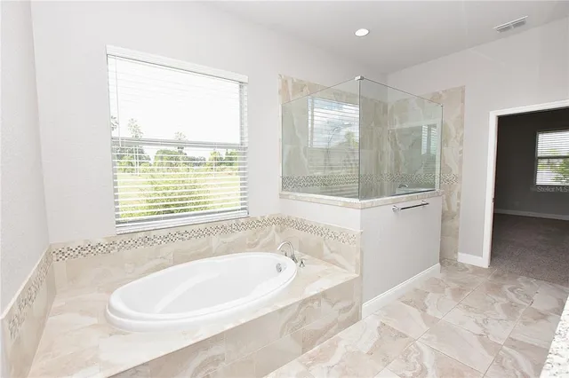 a bathroom with a bathtub and shower