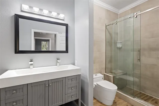 a bathroom with a double vanity sink mirror and toilet